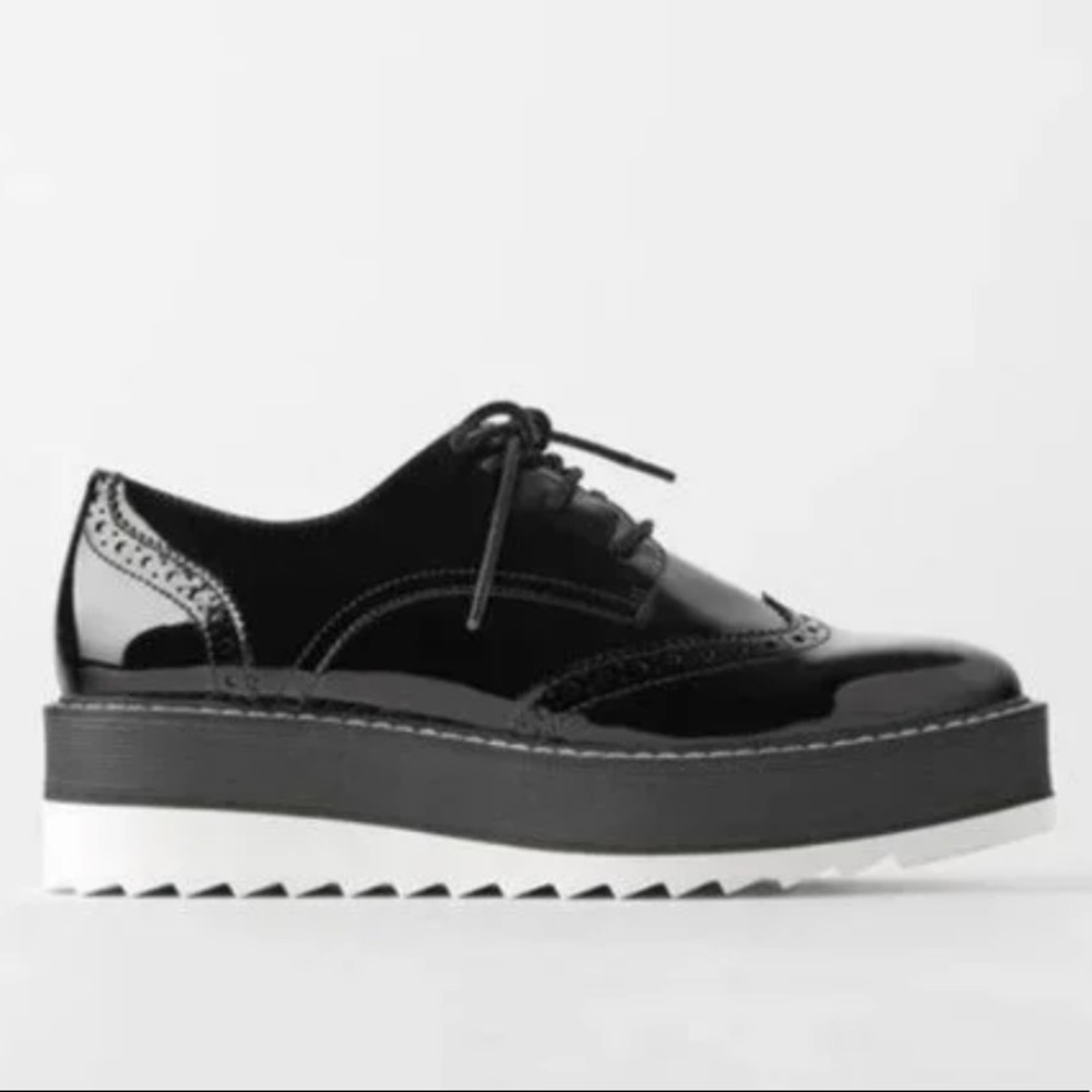 Zara black patent chunky loafer derby shoes size 6.5/7 US 37 EU
